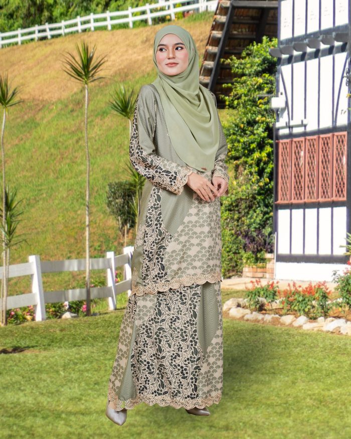 Baju Kurung Moden Batik Sulam Sultanah 10.0 - Kenanga Light Sage - Image 2