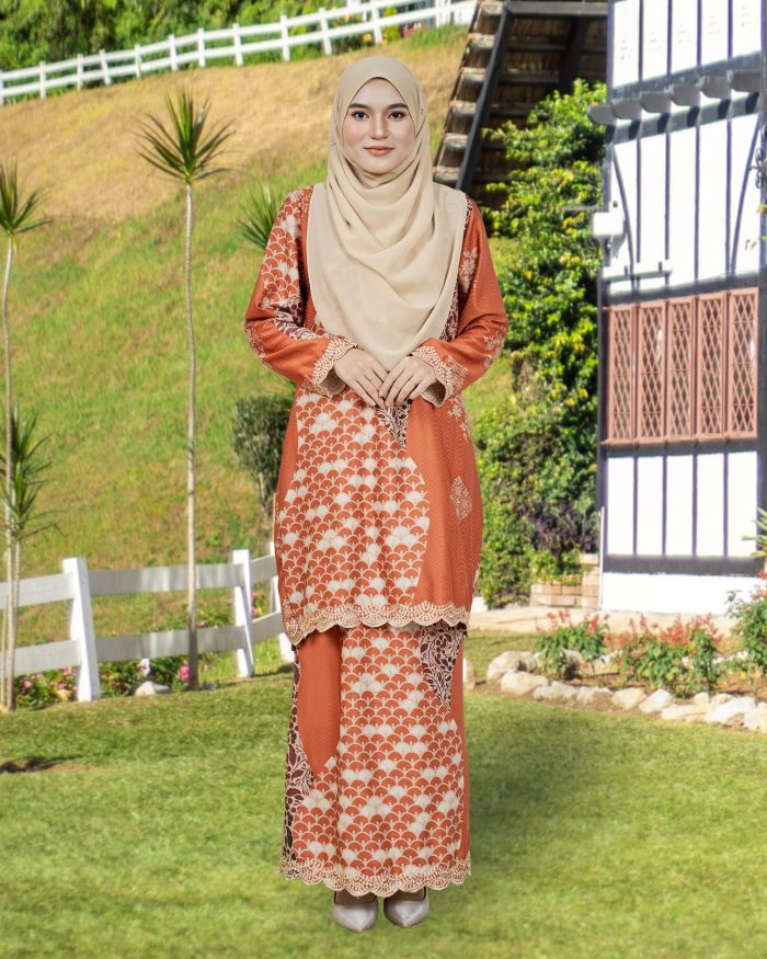 Baju Kurung Moden Batik Sulam Sultanah 10.0 - Kenanga Brick Orange