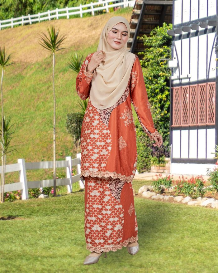 Baju Kurung Moden Batik Sulam Sultanah 10.0 - Kenanga Brick Orange - Image 3