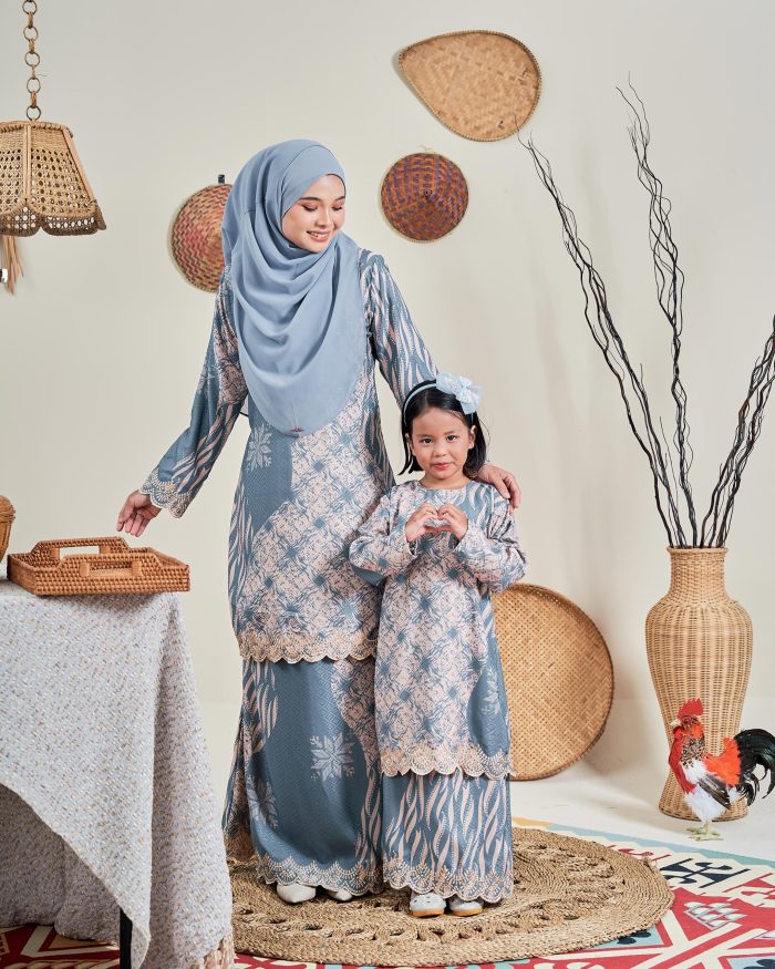 Baju Kurung Moden Batik Sulam Sultanah 10.0 Kids - Manika Greyish Blue - Image 4