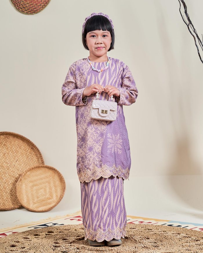 Baju Kurung Moden Batik Sulam Sultanah 10.0 Kids - Manika Lilac Purple - Image 3