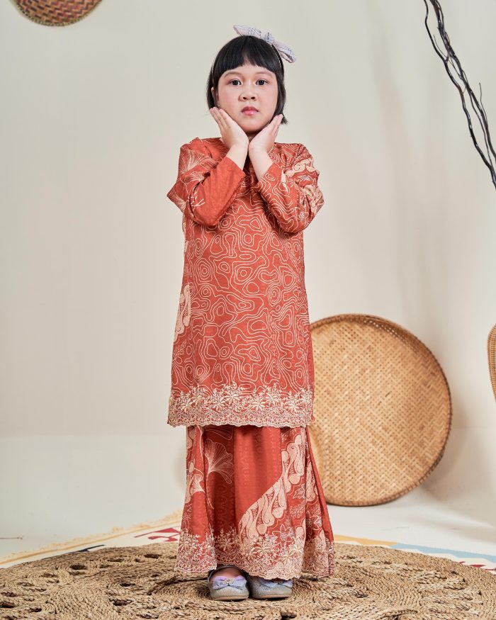 Baju Kurung Moden Batik Sulam Sultanah 10.0 Kids - Manira Brick Orange - Image 2