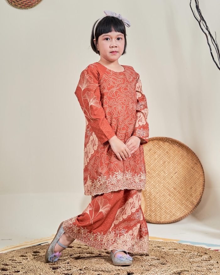 Baju Kurung Moden Batik Sulam Sultanah 10.0 Kids - Manira Brick Orange