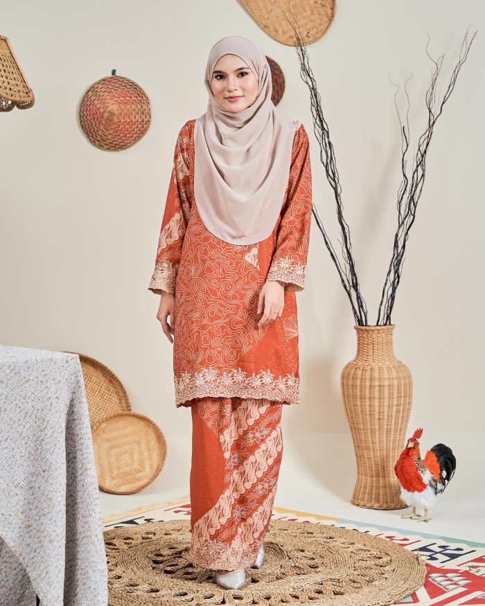 Baju Kurung Moden Batik Sulam Sultanah 10.0 - Manira Brick Orange - Image 3