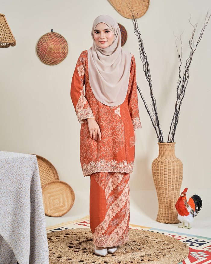 Baju Kurung Moden Batik Sulam Sultanah 10.0 - Manira Brick Orange