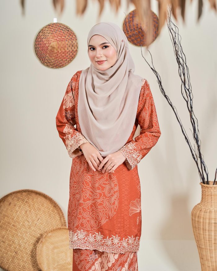 Baju Kurung Moden Batik Sulam Sultanah 10.0 - Manira Brick Orange - Image 5