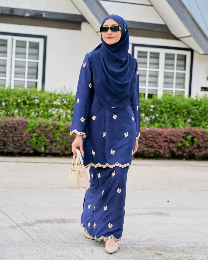 Baju Kurung Moden Sulam Tabur Marisa - Navy Blue