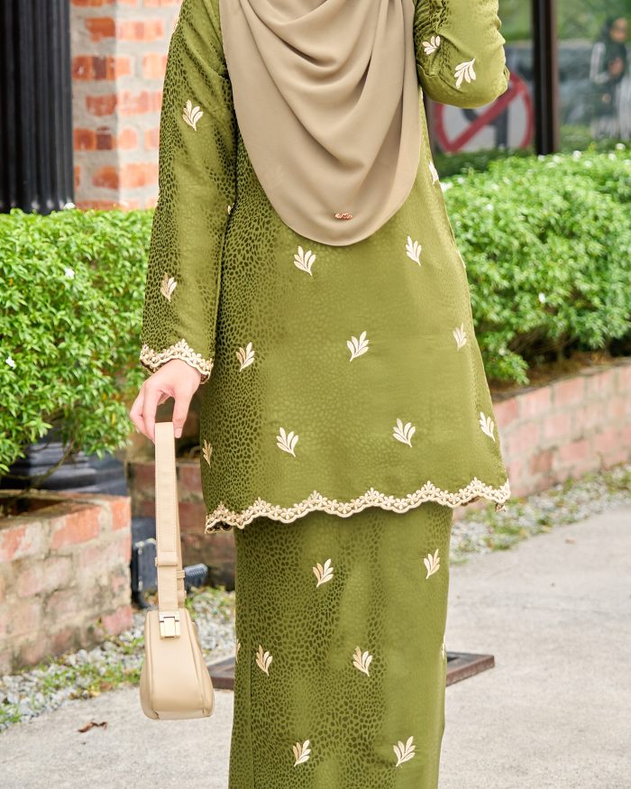 Baju Kurung Moden Sulam Tabur Marisa - Olive Green - Image 3