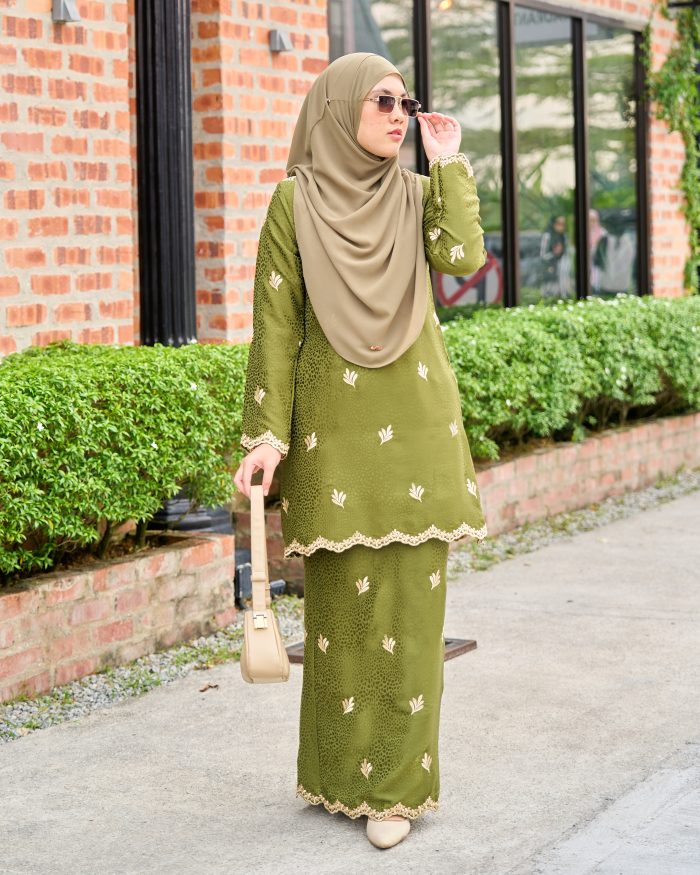 Baju Kurung Moden Sulam Tabur Marisa - Olive Green