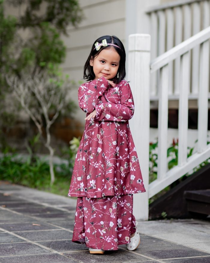 Baju Kurung Pahang Laura Printed Kids - Kesuma Burgundy