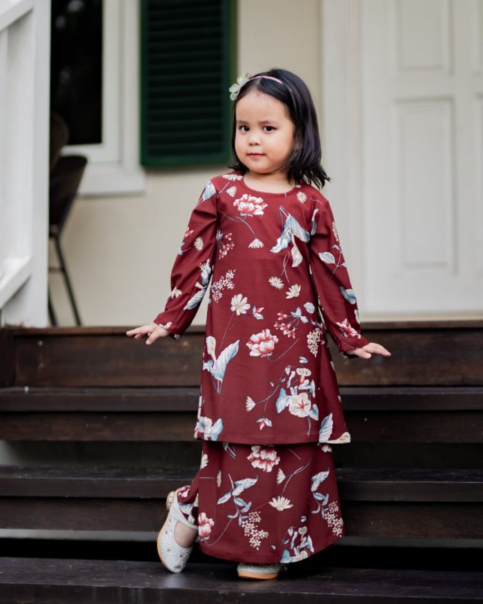Baju Kurung Pahang Laura Printed Kids - Iris Maroon