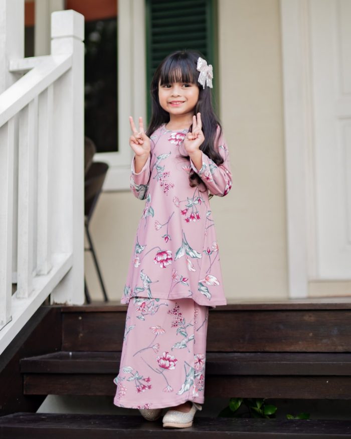 Baju Kurung Pahang Laura Printed Kids - Iris DustyPink